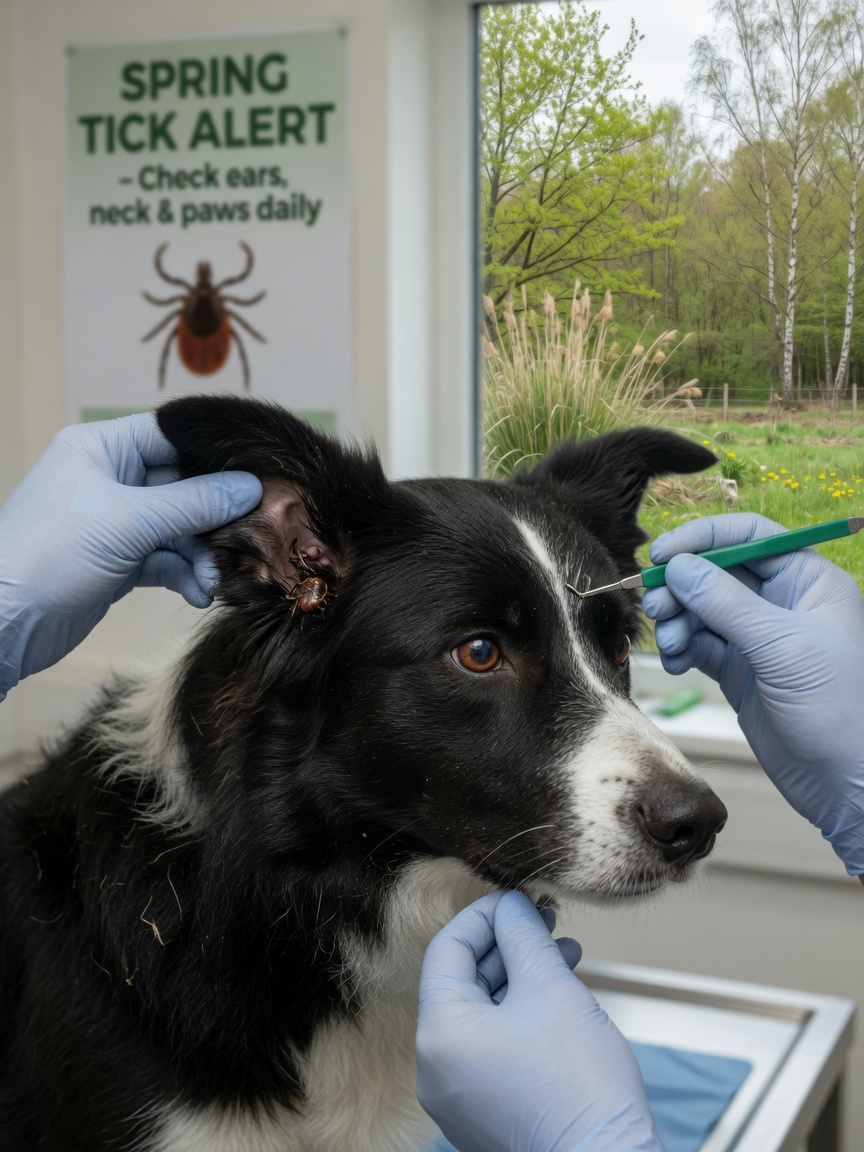 Veterinarian carefully removing a tick from a border collie's ear using proper tick removal technique after a spring woodland walk