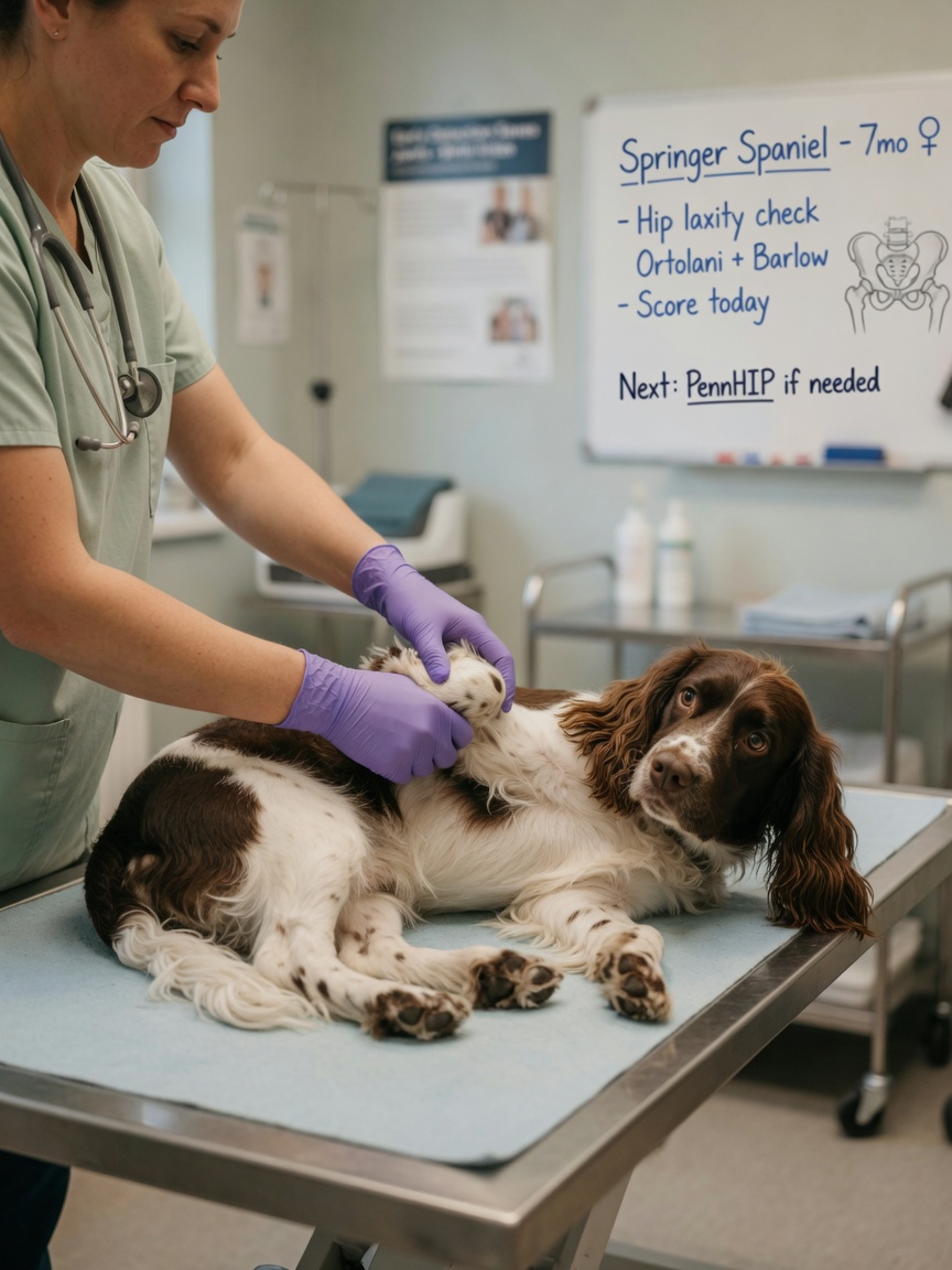 A veterinary professional examining a young Springer Spaniel's hip joint during a health assessment.