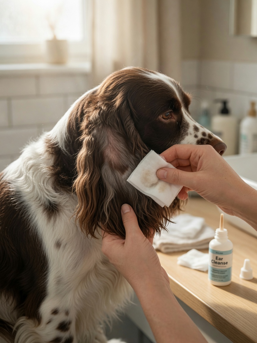 An owner's hands gently cleaning the feathered ear of a Springer Spaniel during a home grooming routine.