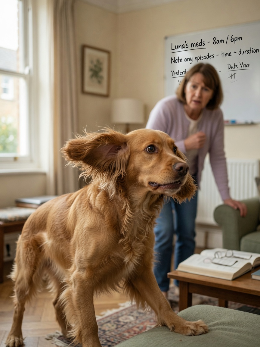 English Springer Spaniel displaying sudden onset behavioral episode during a moment at home