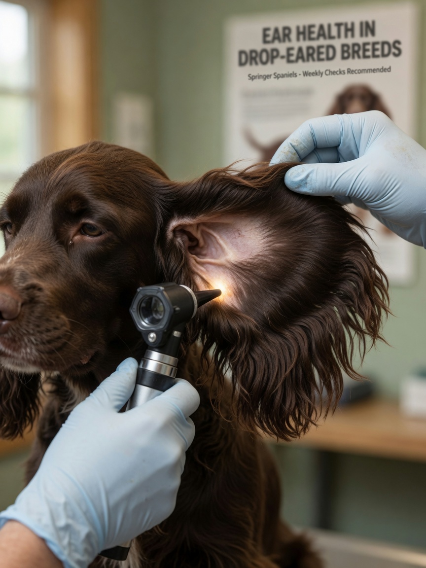 Veterinarian examining the ear canal of a liver-colored Springer Spaniel using an otoscope