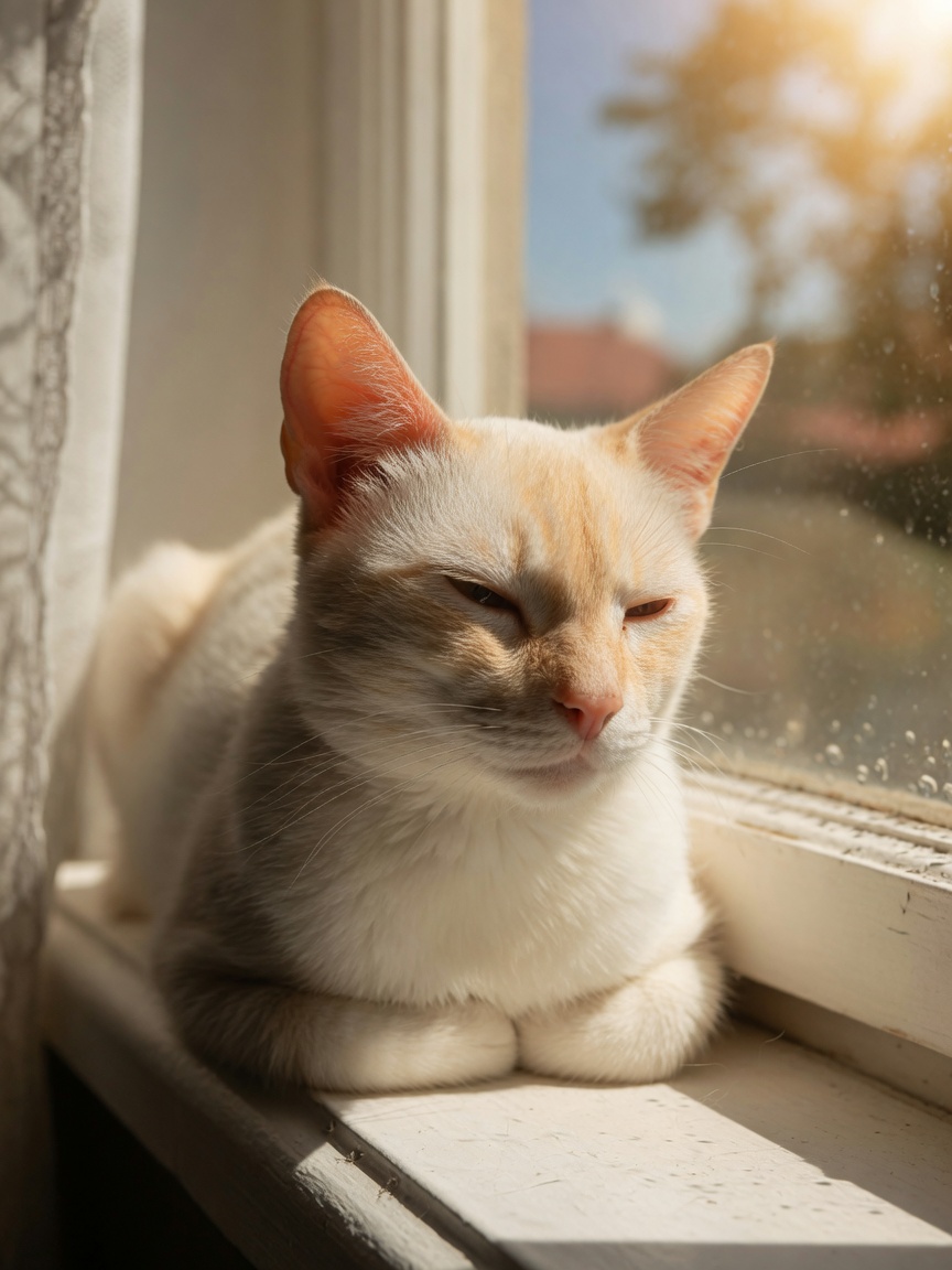 White cat sitting on a sunny windowsill with direct sunlight illuminating vulnerable ear tips and nasal areas