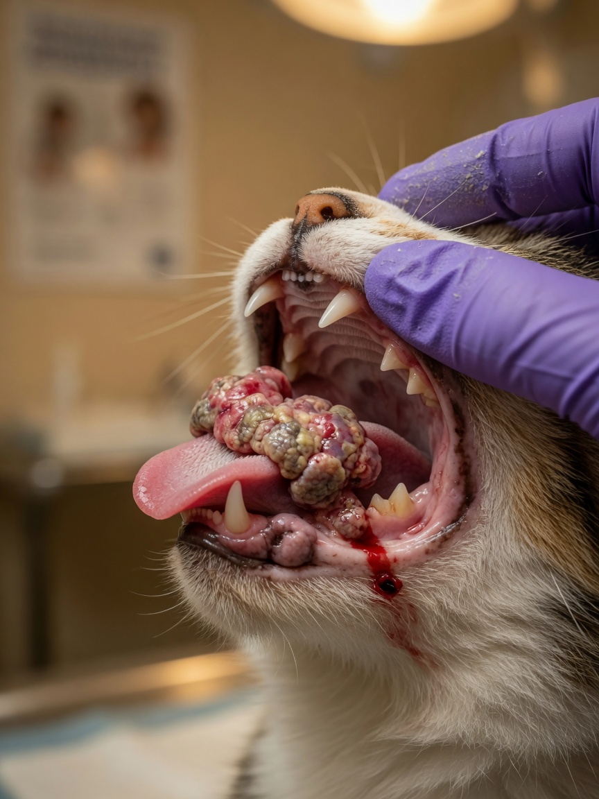 Close-up view of a cat's mouth showing an irregular ulcerated oral squamous cell carcinoma lesion with veterinarian examining