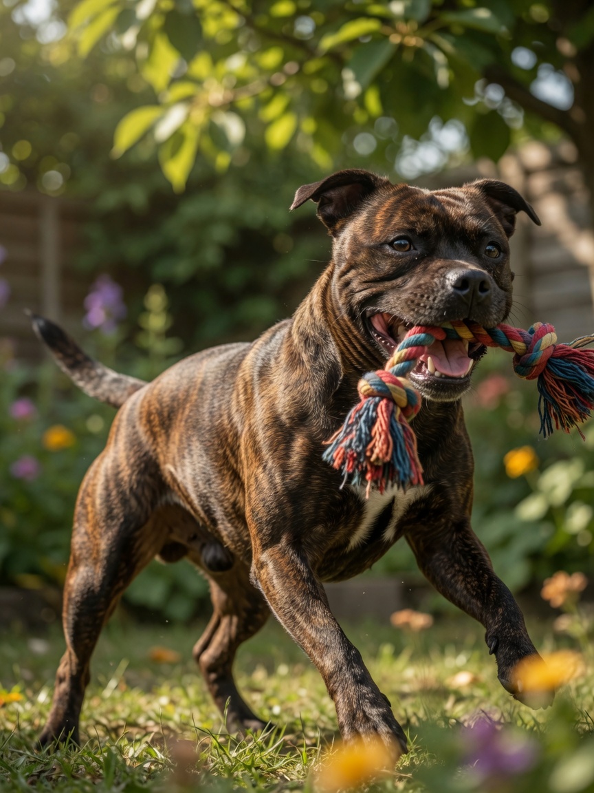 A playful brindle Staffordshire Bull Terrier with a rope toy showing the breed's energetic and joyful temperament.