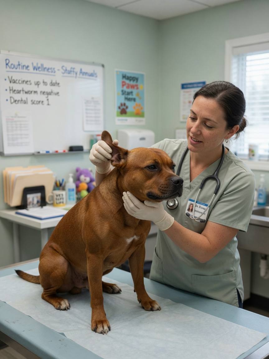 A red Staffordshire Bull Terrier receiving a routine health examination from a veterinarian, demonstrating typical wellness care.