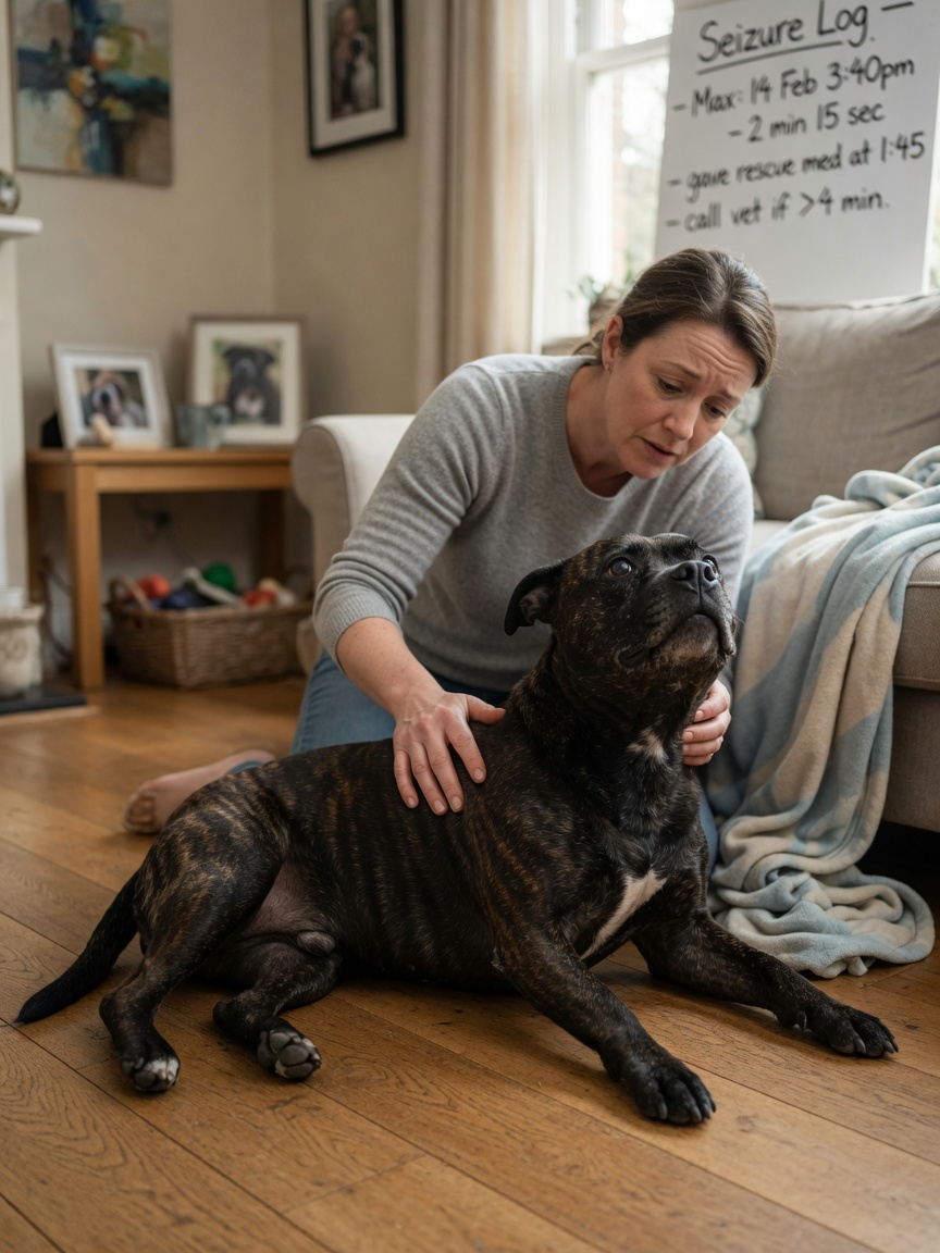 Staffordshire Bull Terrier experiencing a seizure at home while owner provides comfort and monitoring