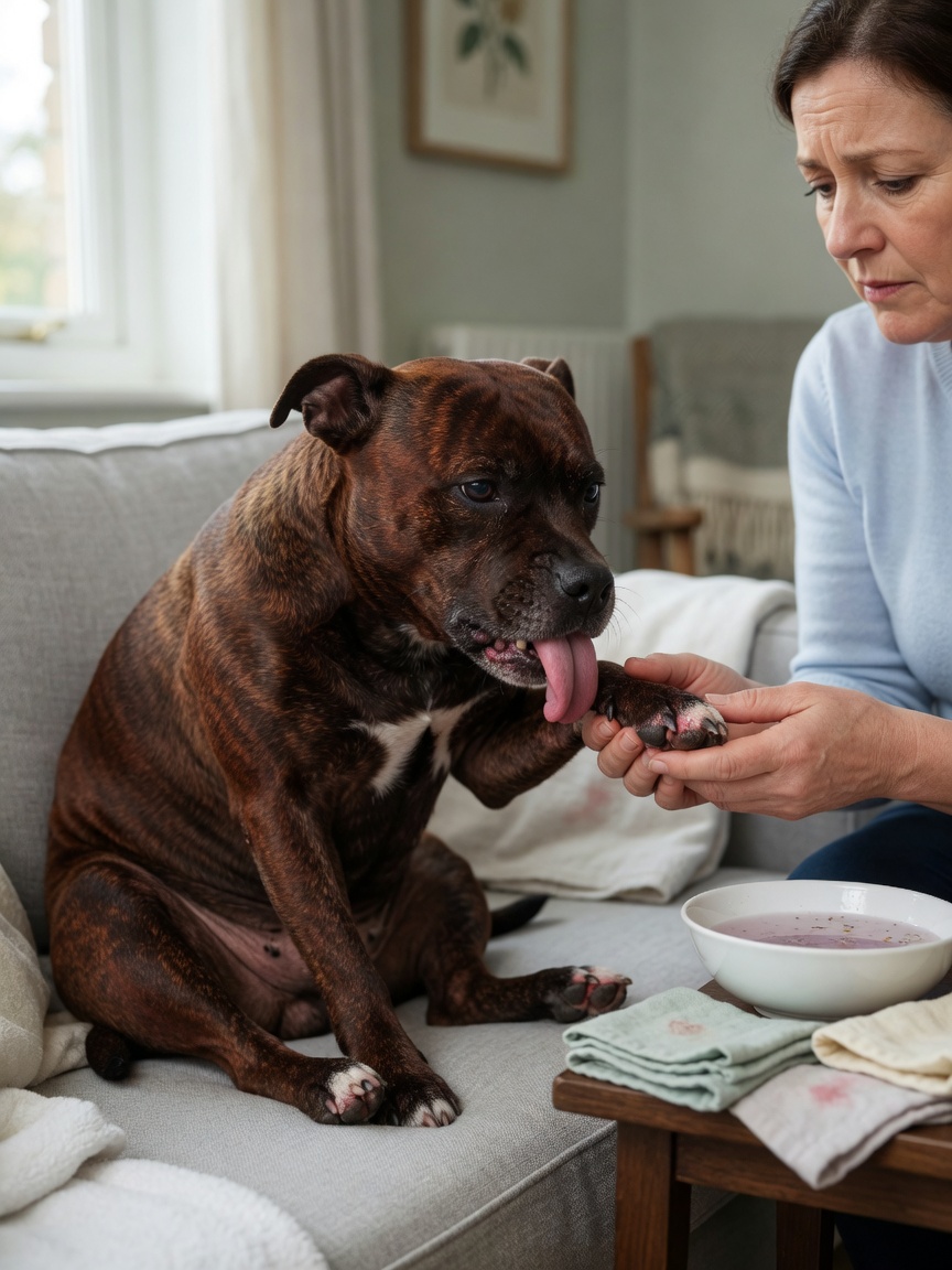 Staffordshire Bull Terrier licking and biting irritated paws due to allergic dermatitis while owner examines the inflamed skin