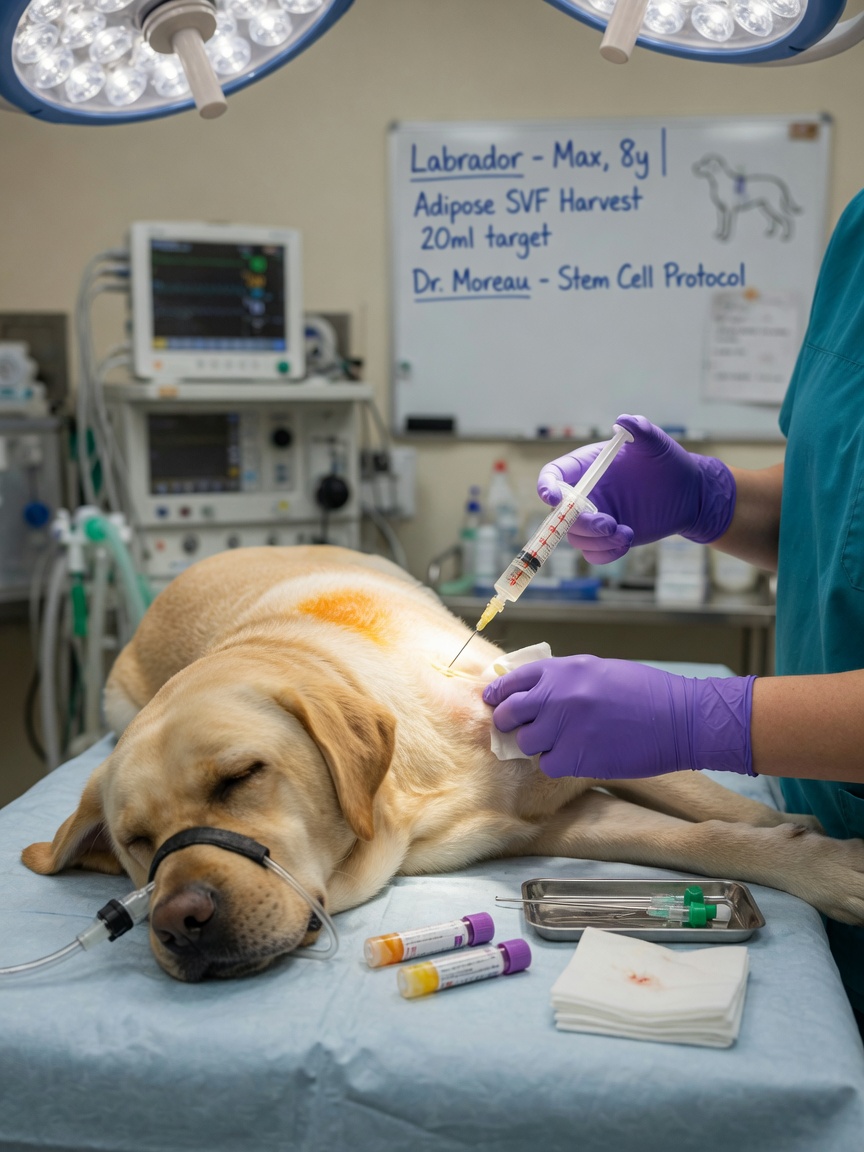 Veterinary technician harvesting adipose tissue from sedated dog's shoulder for stem cell processing