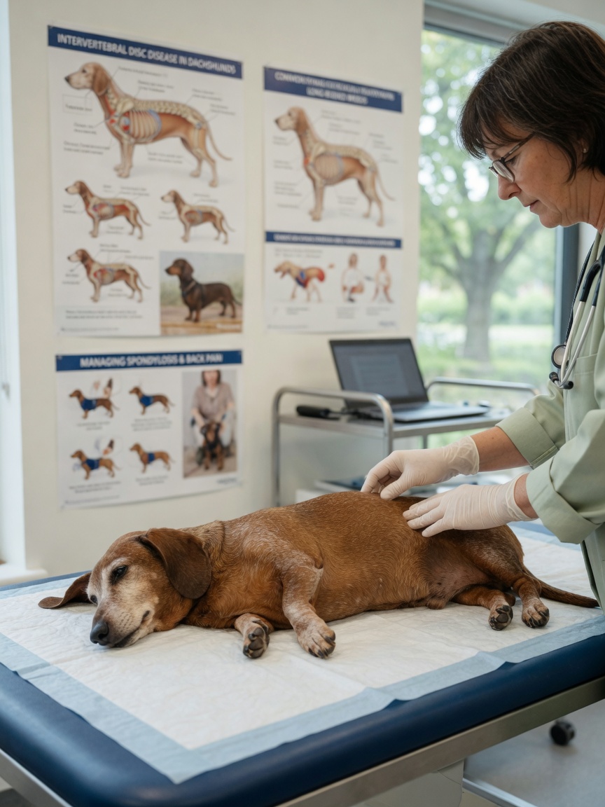 Specialist veterinarian examining elderly dachshund's spine and lower back during assessment for regenerative medicine candidacy