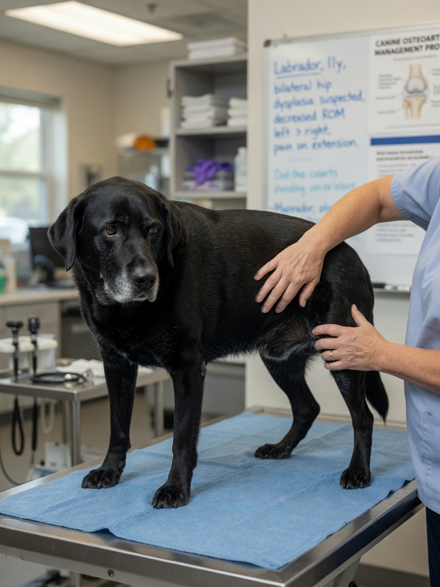 Veterinarian examining a senior dog's joint mobility and hip dysplasia during osteoarthritis evaluation