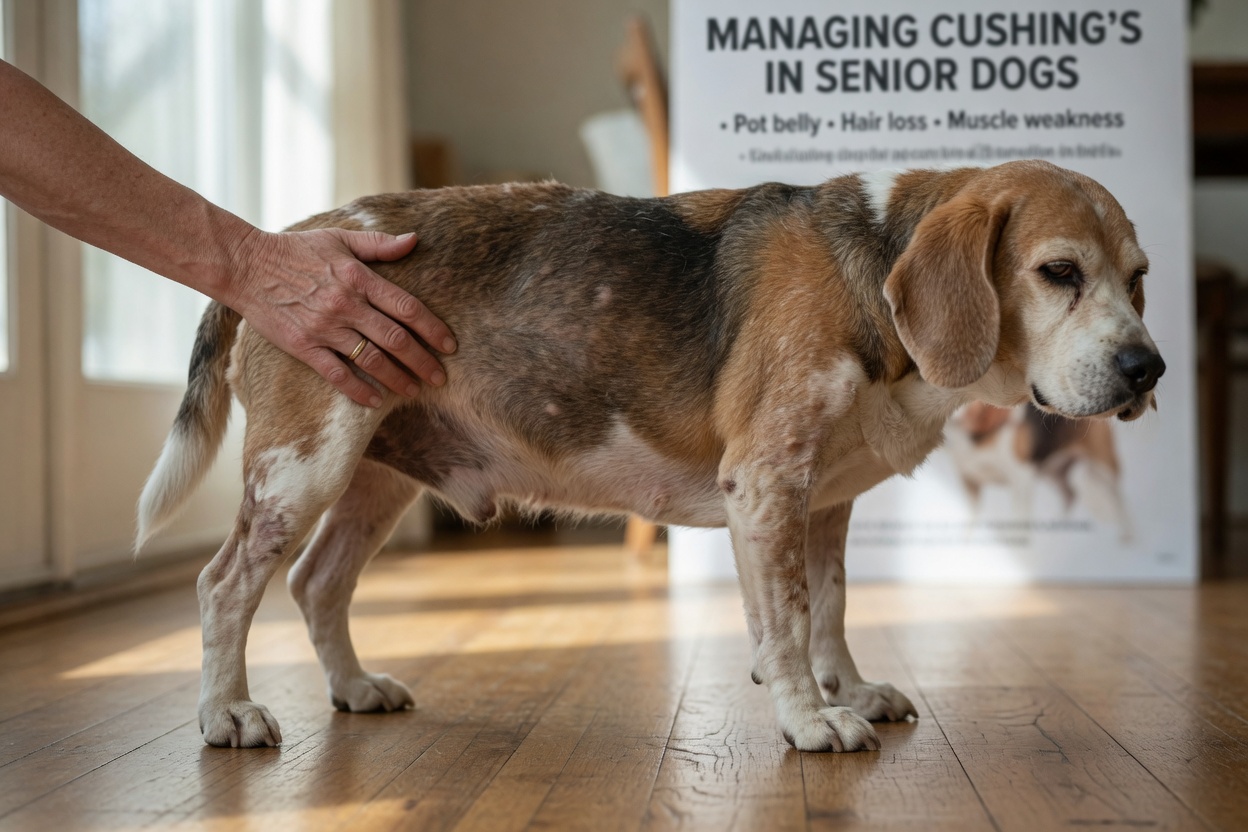 Aging beagle exhibiting physical symptoms of long-term steroid use including abdominal distension, coat thinning, and muscle weakness