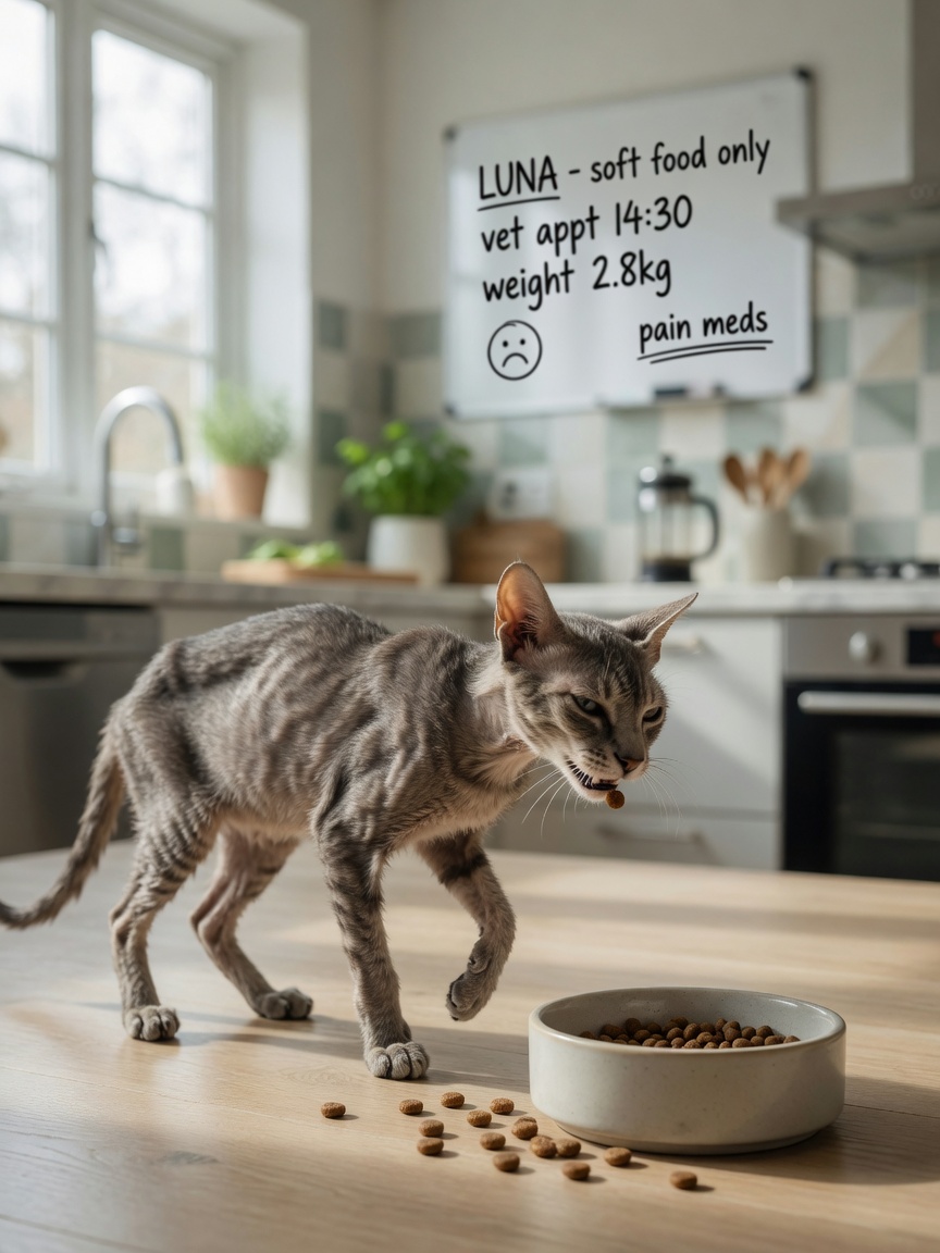 Thin cat hesitantly pulling away from food bowl, showing reluctance to eat due to mouth pain