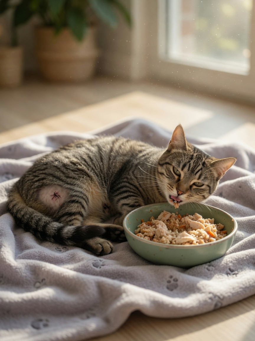 Healthy cat after full mouth extraction recovery, eating comfortably and relaxing peacefully