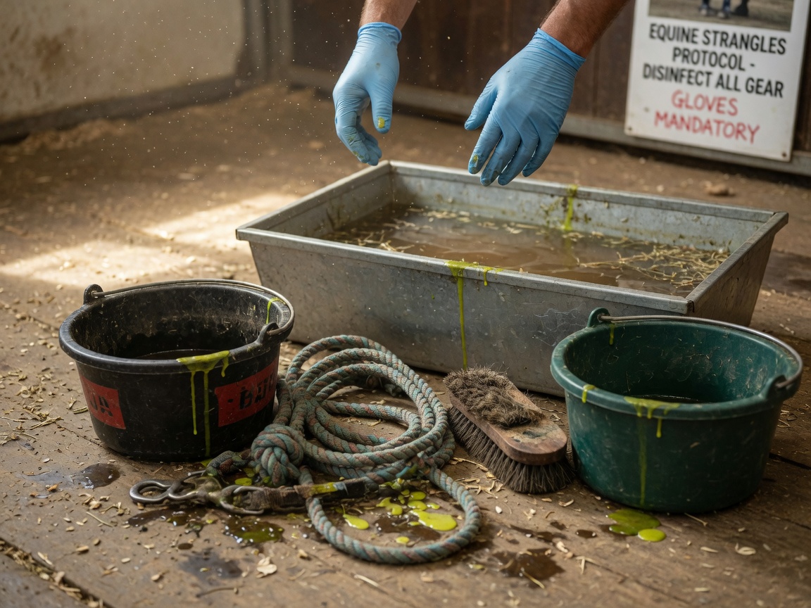 Contaminated horse equipment including water troughs, buckets, and halters showing transmission risk for Streptococcus equi
