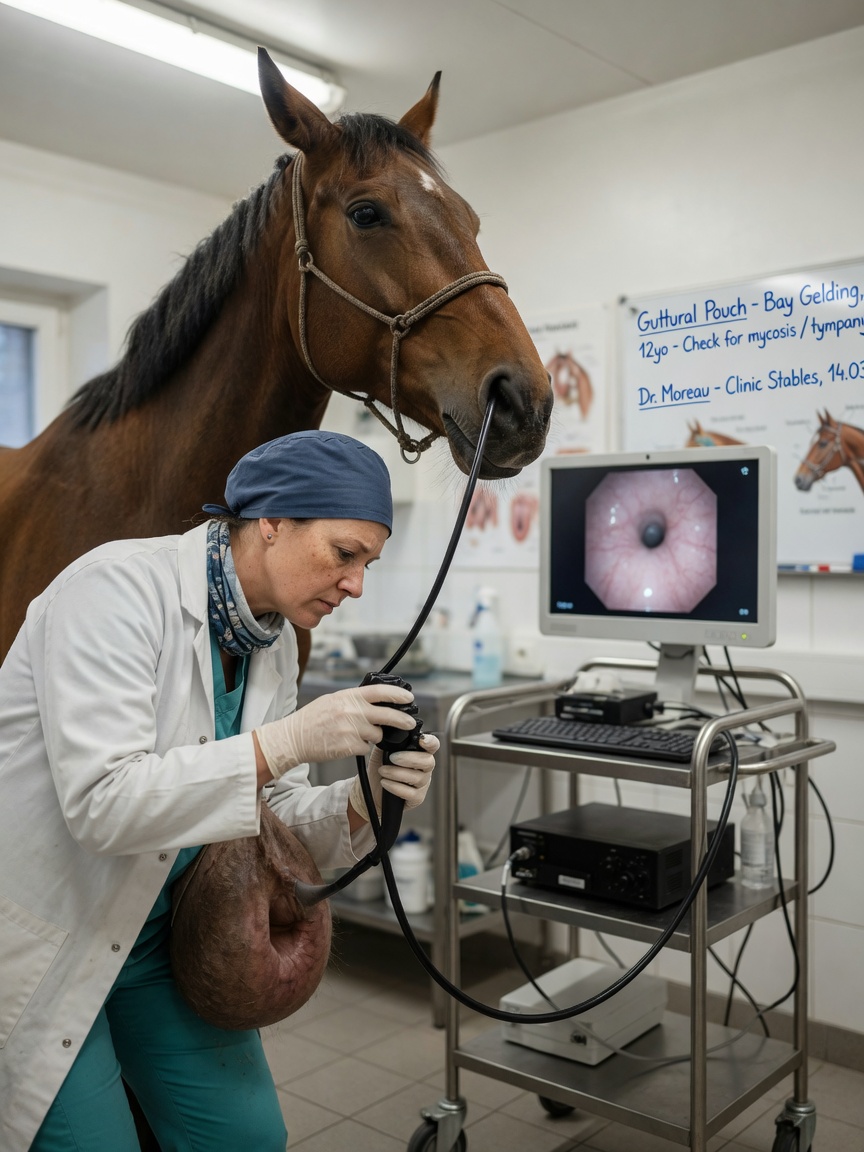 Veterinarian performing endoscopic examination of a horse's guttural pouch to diagnose asymptomatic carrier status
