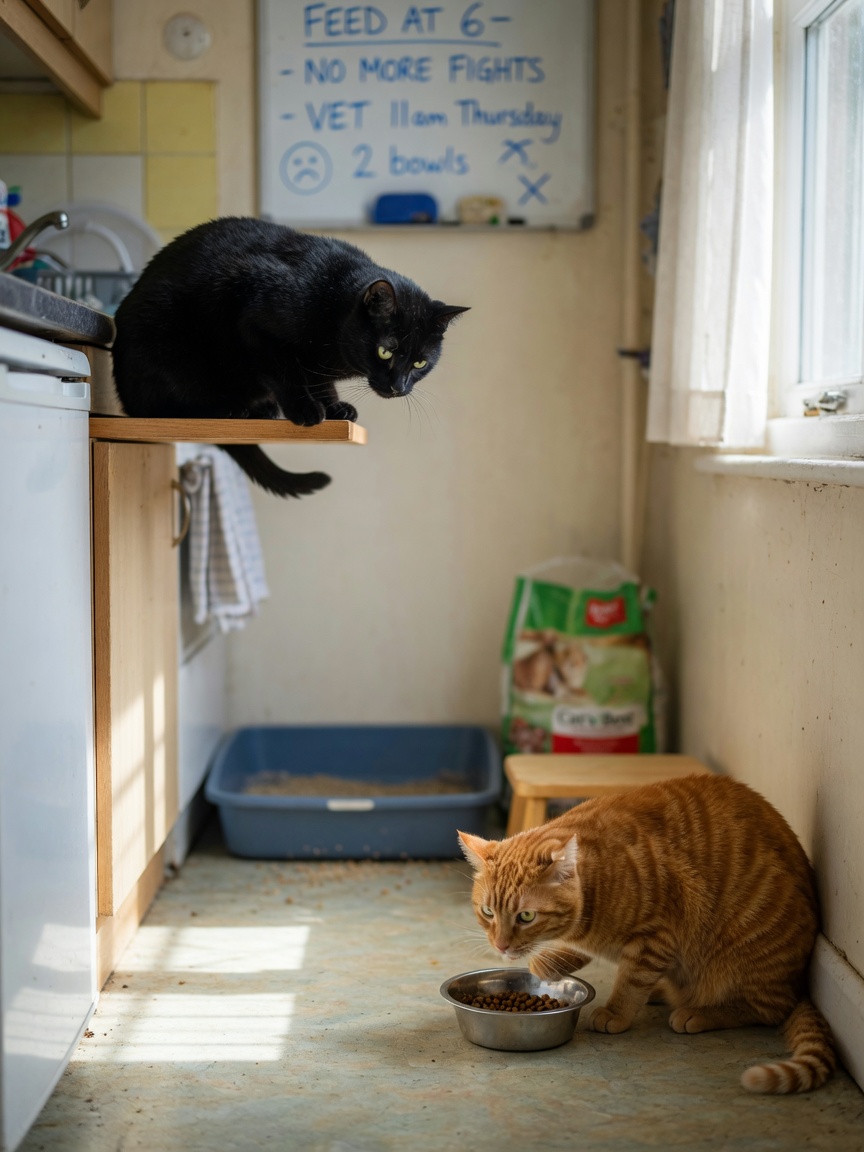Two cats showing tension in multi-cat household with limited resources - black cat on shelf overlooking orange tabby at shared food bowl, single litter tray in background