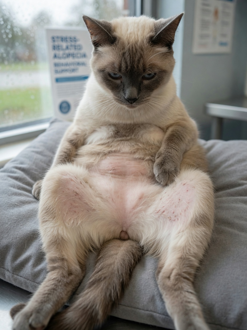 Siamese cat showing psychogenic alopecia with symmetrical patches of hair loss on abdomen from stress-related over-grooming