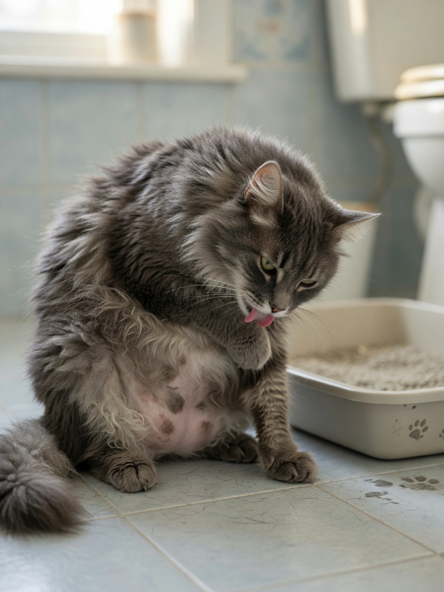 Um gato cinzento envolvido em auto-limpeza excessiva com manchas calvas visíveis no abdómen, mostrando indicadores físicos de stress