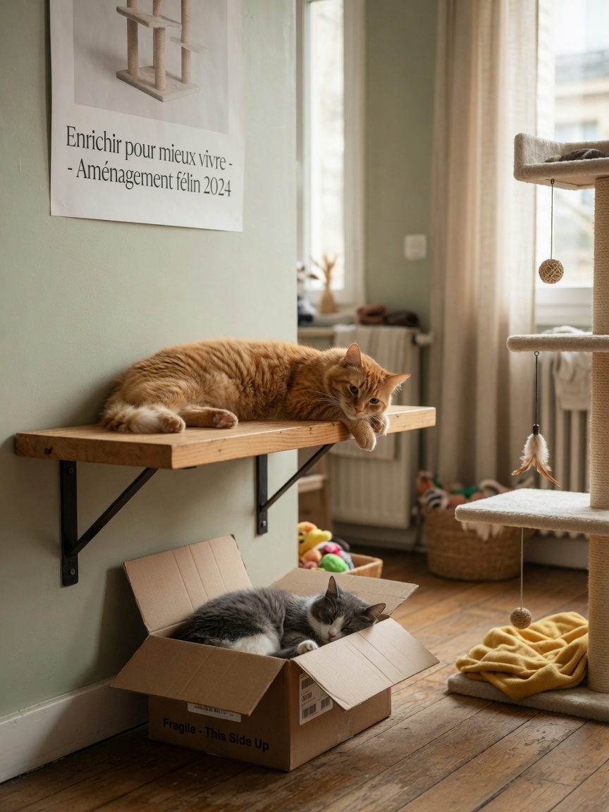 Um gato vermelho a relaxar numa prateleira elevada observando o seu ambiente enriquecido com uma caixa de cartão e árvore de gatos visível abaixo