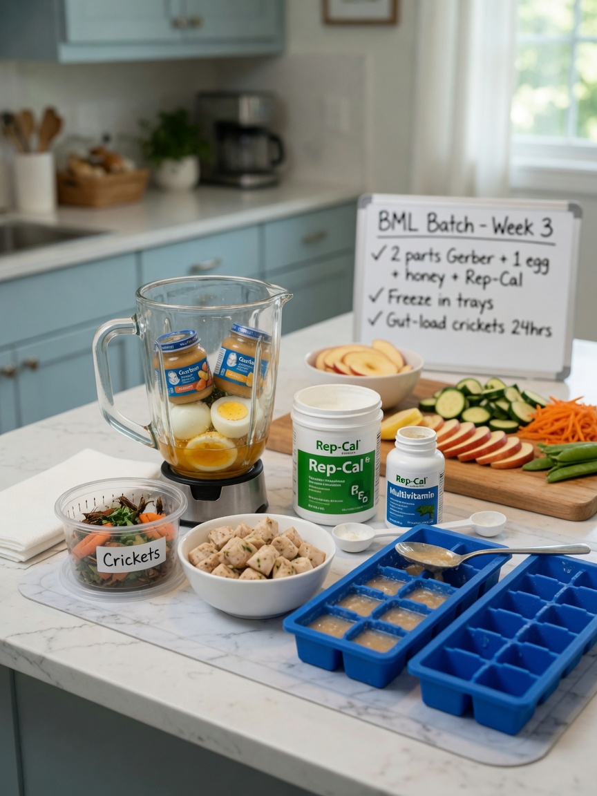 A home kitchen counter displaying the ingredients and preparation setup for the BML diet protocol, including honey, eggs, Gerber baby food, supplements, ice cube trays, and fresh protein sources arranged for careful nutritional balance.