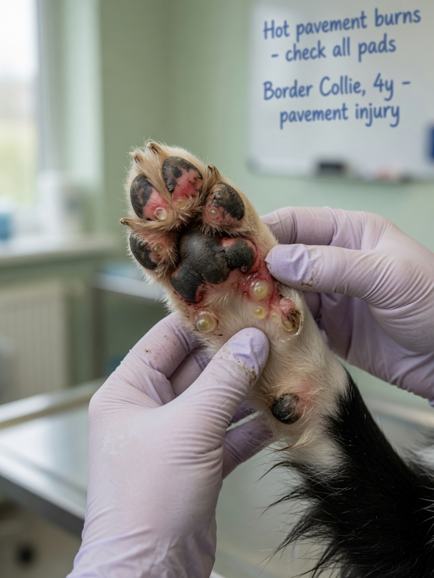 Veterinarian examining a dog's burnt paw pad showing thermal injury and blistering
