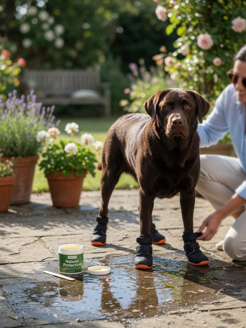 Dog wearing protective boots and paw wax during summer outdoor time