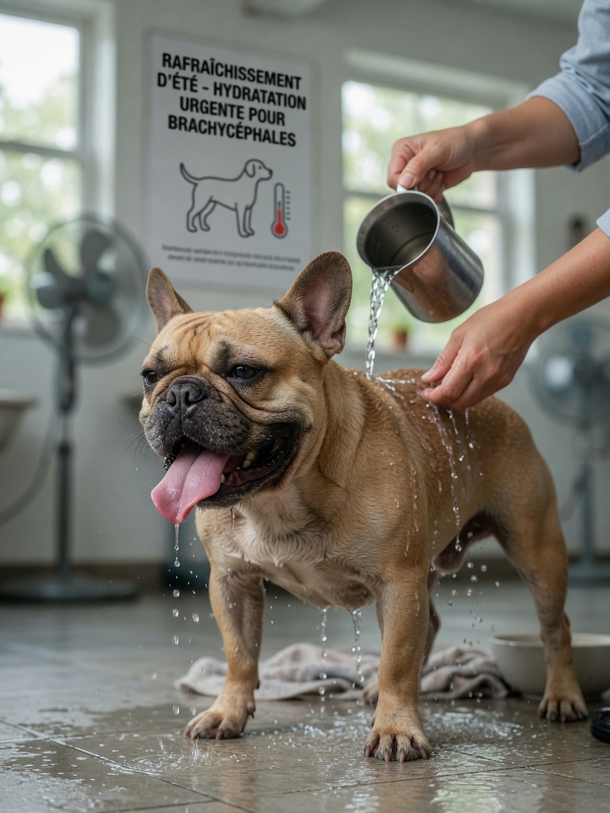 French Bulldog in distress showing heatstroke symptoms while owner applies cool water as emergency first aid