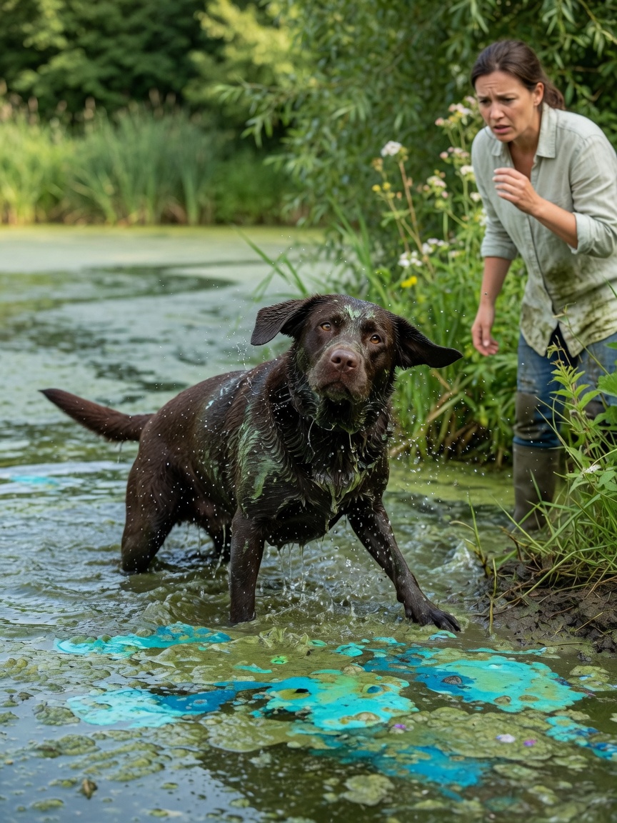 Chocolate Labrador Retriever exiting pond with visible blue-green algae bloom coating the water surface, owner watching with concern