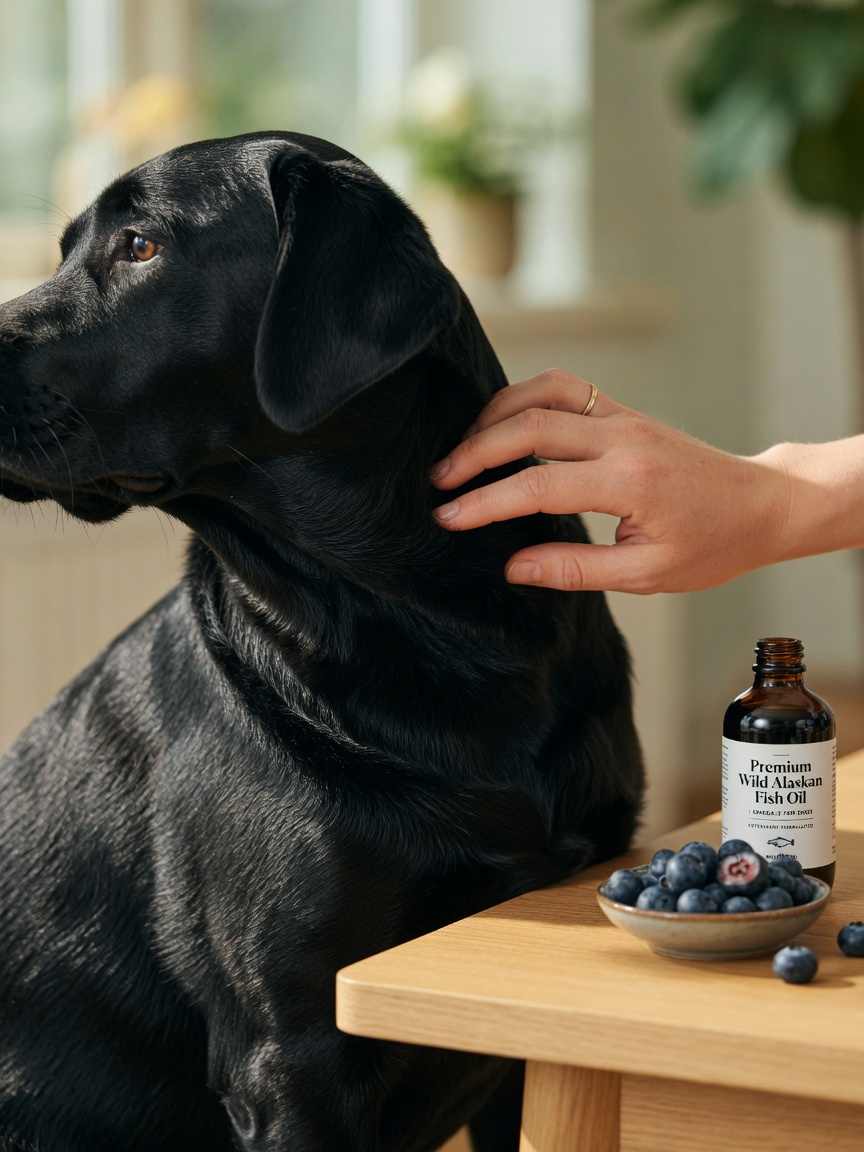 Close-up of a healthy dog's glossy black coat with fish oil supplement and blueberries on a table, demonstrating evidence-based pet nutrition