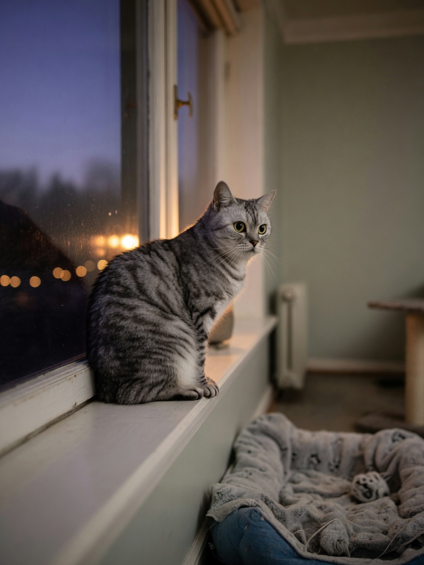 A silver tabby cat sitting on a windowsill at night, searching outside with alert, sad eyes
