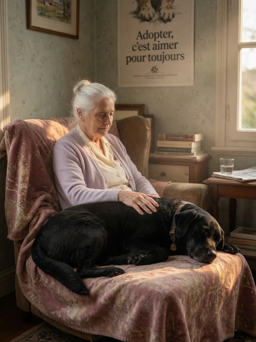 An elderly person's hand gently placed on a black Labrador's back as the dog rests peacefully on a soft blanket in warm window light