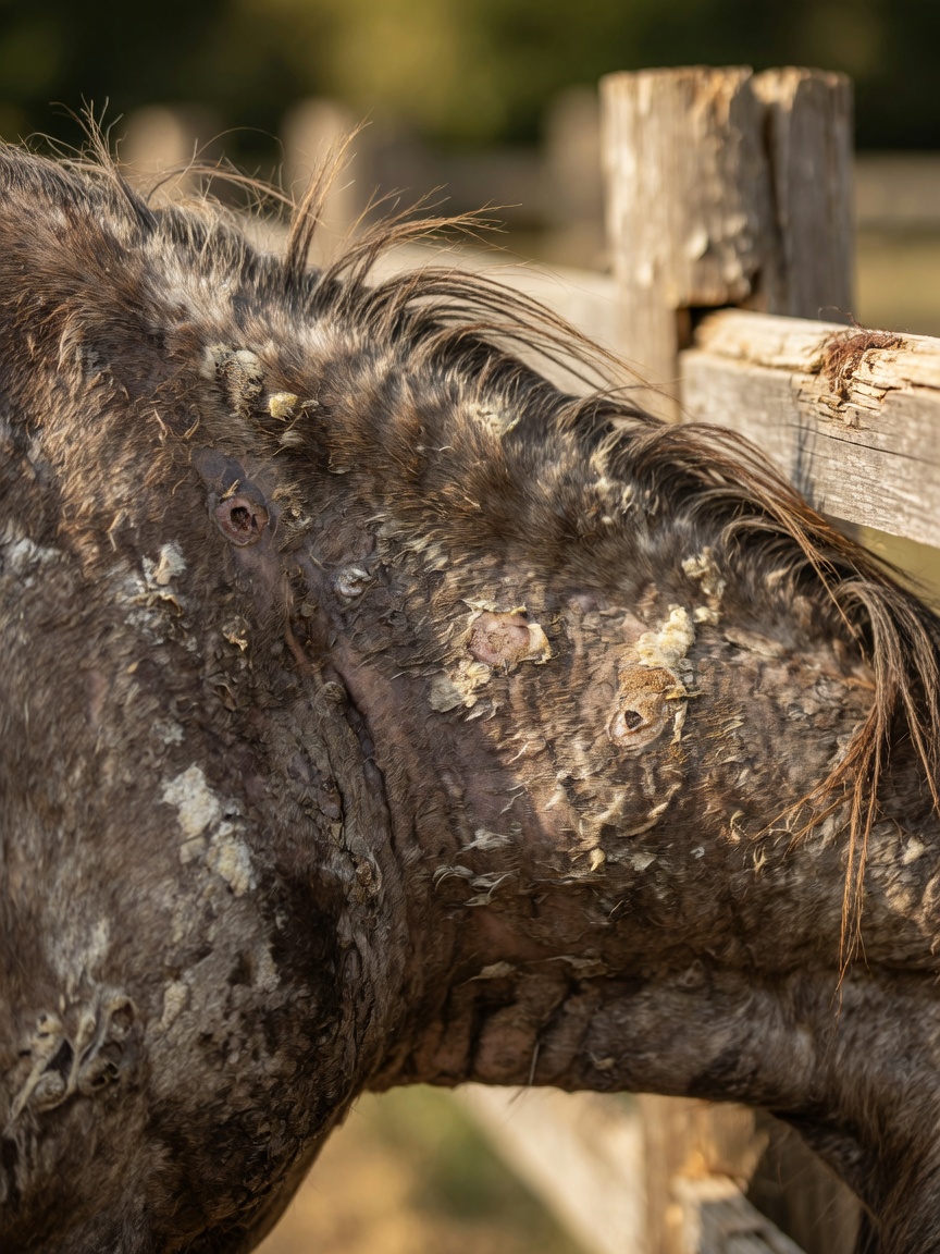 Close-up of horse neck showing hair loss, skin thickening and damage from sweet itch scratching behavior