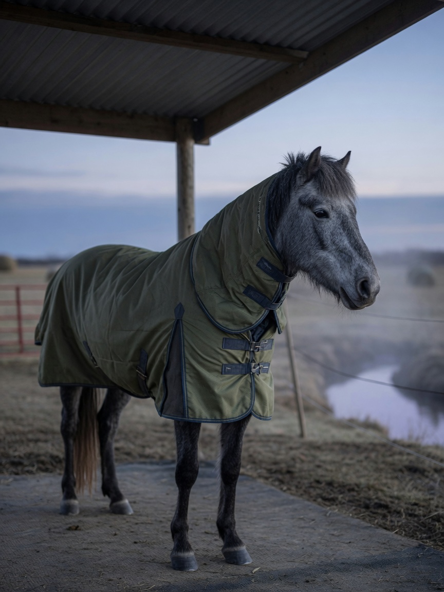 Icelandic horse wearing sweet itch rug in a paddock at dusk away from water sources, with stable shelter visible