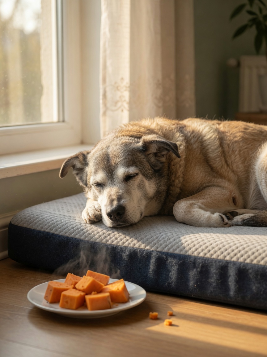 Senior dog resting comfortably with cooked sweet potato nearby, showing nutrition for older dogs