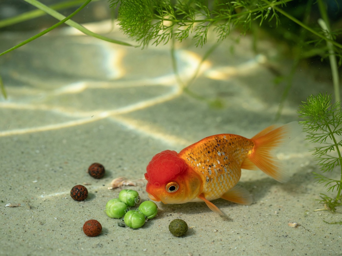 Fancy goldfish near blanched peas and sinking pellets in aquarium tank for dietary treatment of swim bladder disease