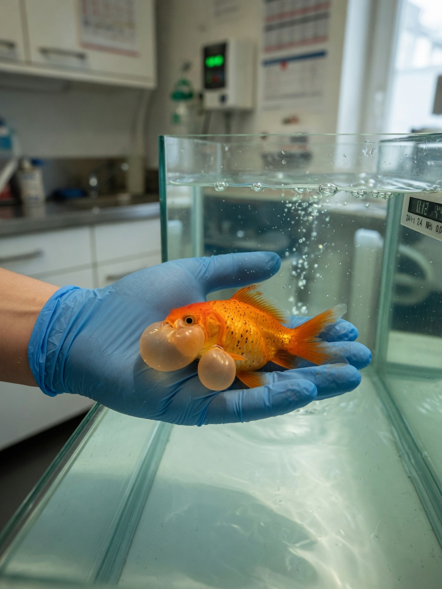 Veterinarian examining an unwell fancy goldfish with suspected bacterial swim bladder infection in clinic tank