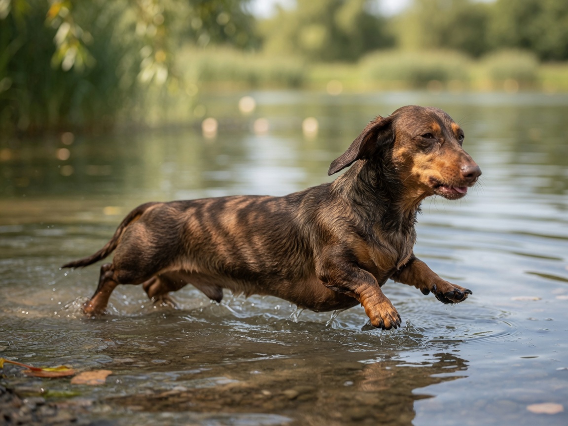 Dachshund with short legs and long body struggling to stay afloat while swimming in shallow water