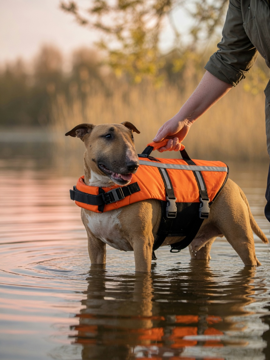 Muscular Bull Terrier in bright orange life jacket with grab handle standing safely in shallow lake water