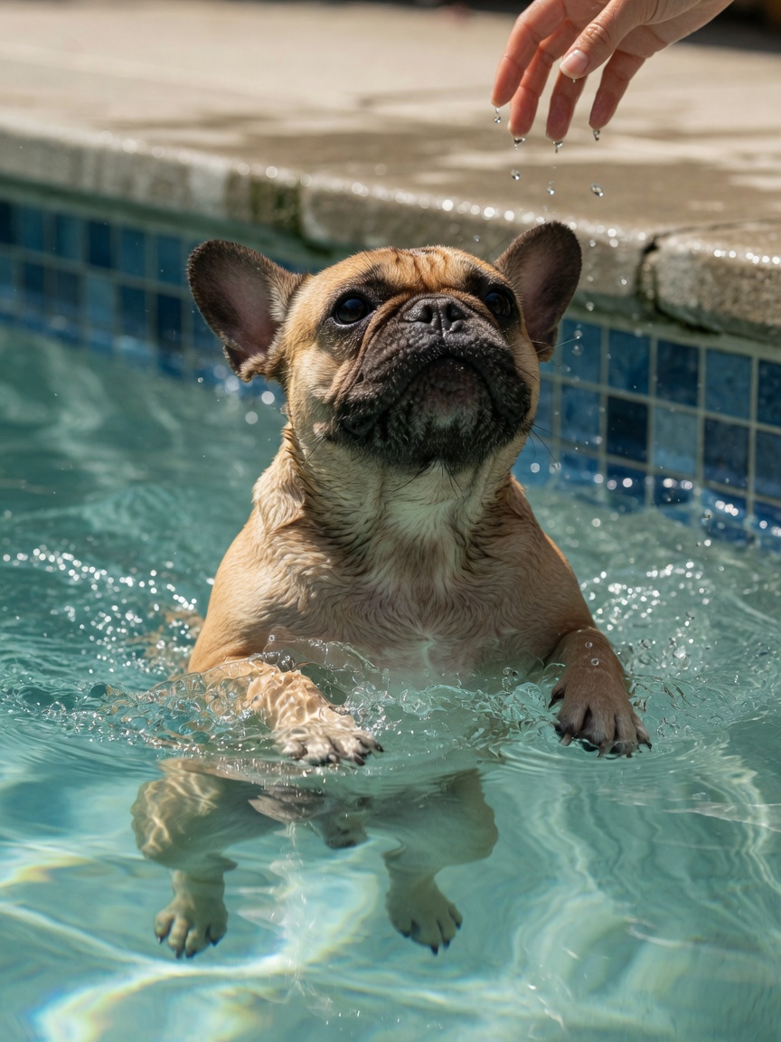 A French Bulldog struggling to stay afloat vertically in pool water, demonstrating silent drowning signs
