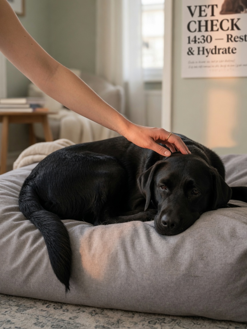 A tired Labrador resting on a bed with a limp tail hanging straight down, showing signs of swimmer's tail condition