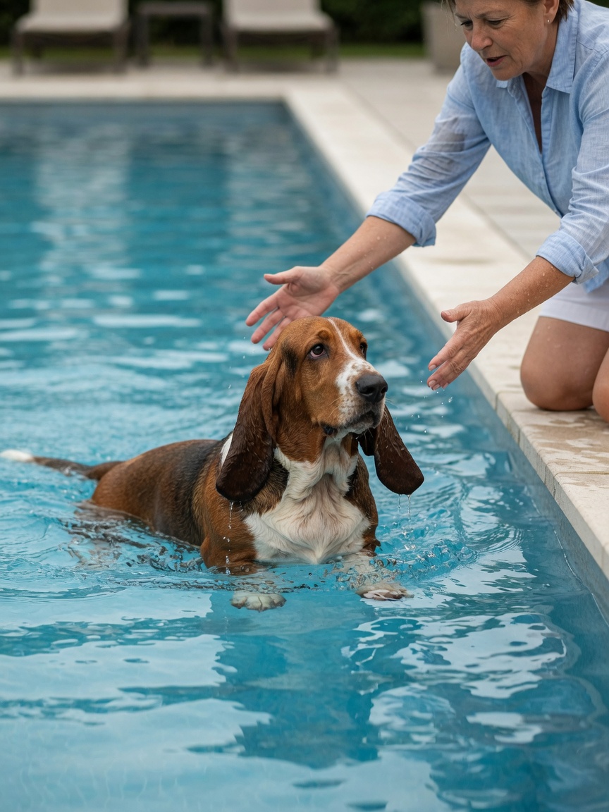 Basset Hound struggling in pool water with long droopy ears submerged and short legs unable to gain traction