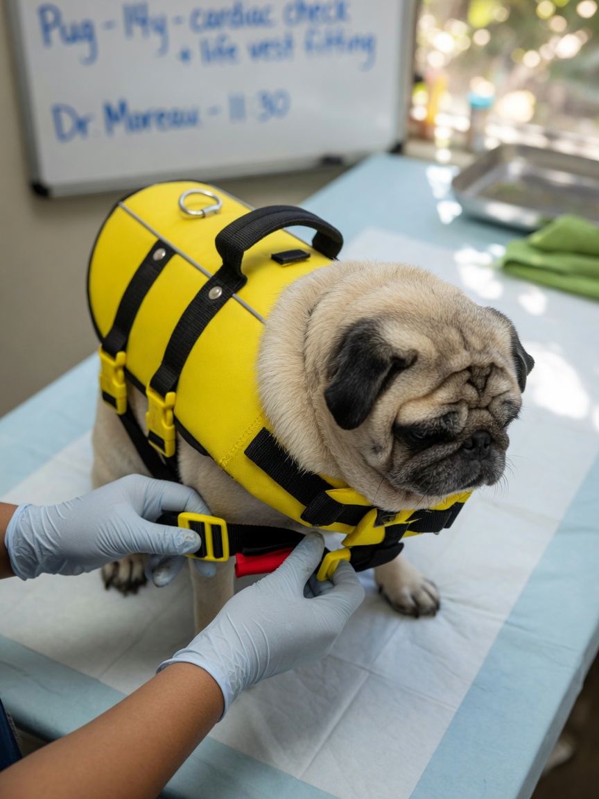 Elderly Pug being fitted with bright yellow life vest showing adjustable straps and back handle in veterinary clinic