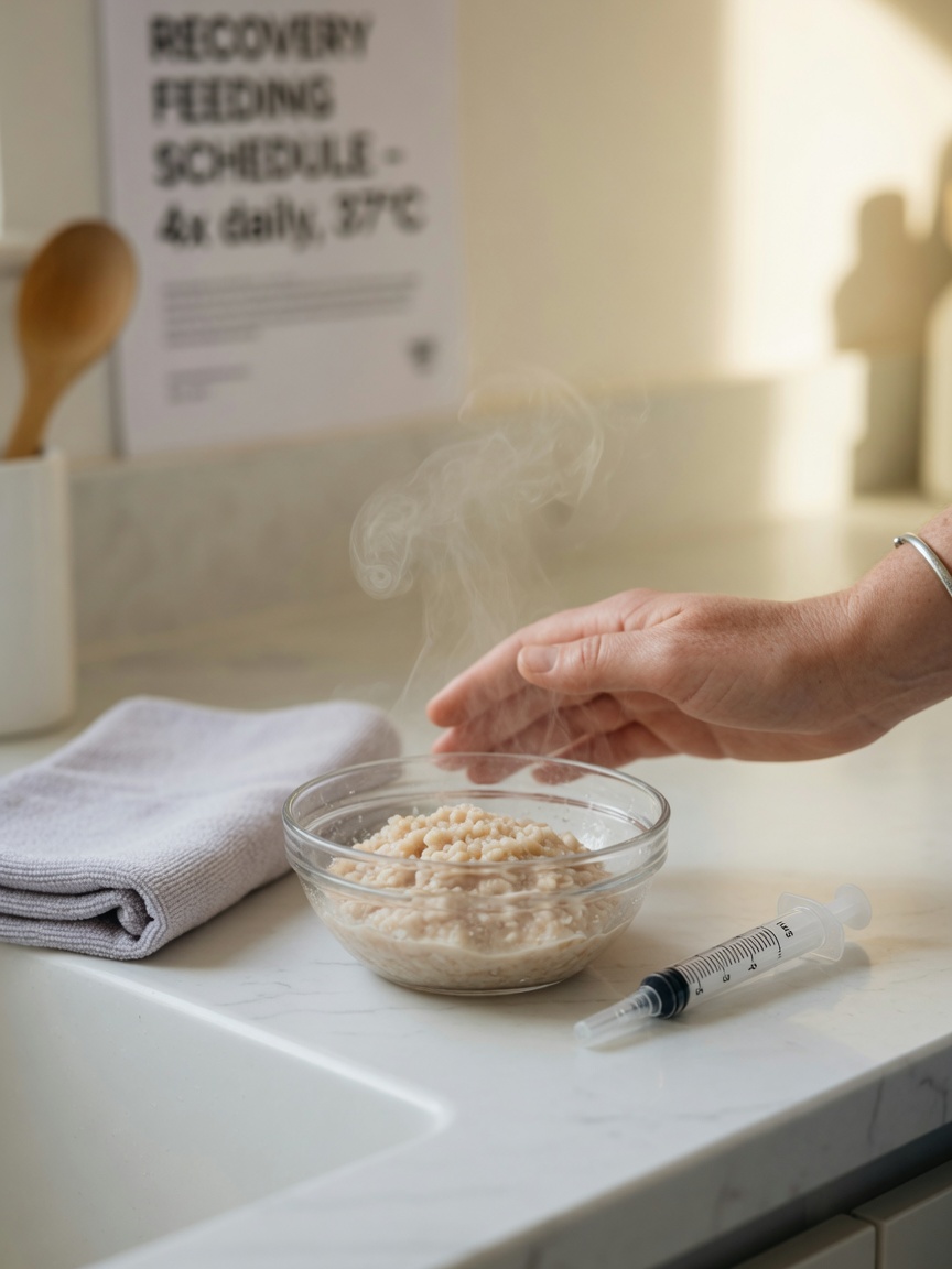 Close-up of warming liquid cat food in a bowl with temperature testing on wrist, syringe ready on clean counter.