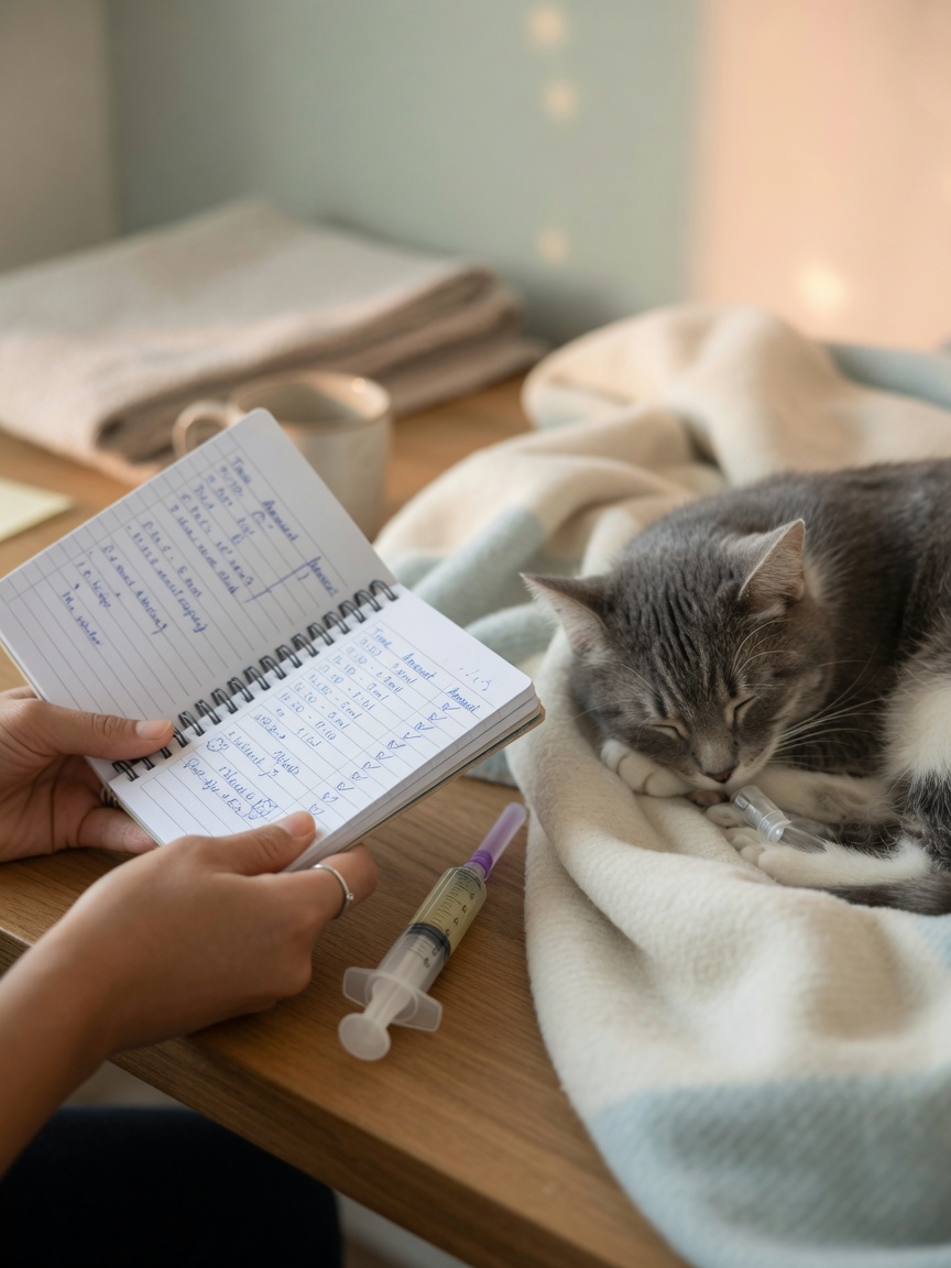 Caregiver maintaining a feeding log beside a resting sick cat, tracking nutrition and feeding times with attention to detail.