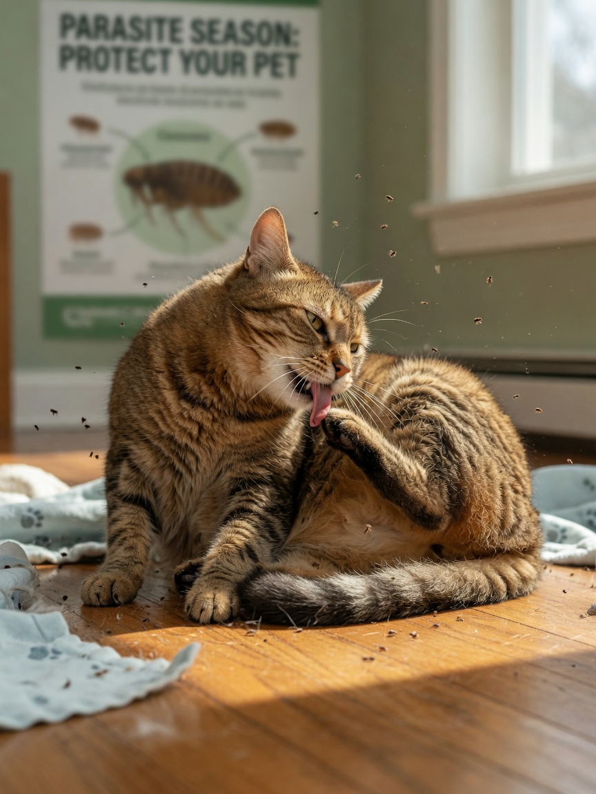 Cat scratching and grooming with visible fleas on fur and surrounding bedding