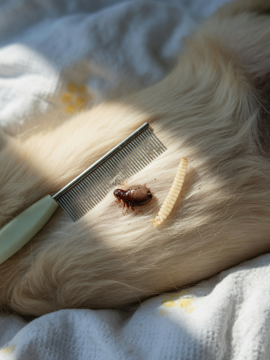 Close-up of flea and tapeworm segment on dog fur with flea comb