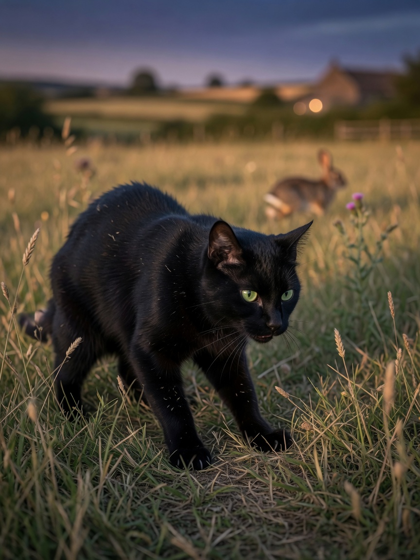 Rural cat hunting in tall grass with wildlife habitat visible
