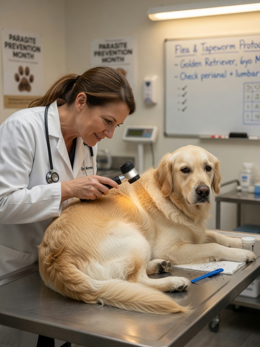 Veterinario che utilizza una lente d'ingrandimento per esaminare un Golden Retriever per pulci e vermi piatti sul tavolo di visita