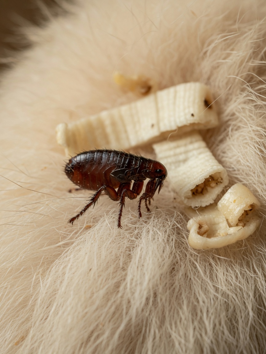 Macro close-up of a flea on dog fur showing the connection to tapeworm transmission