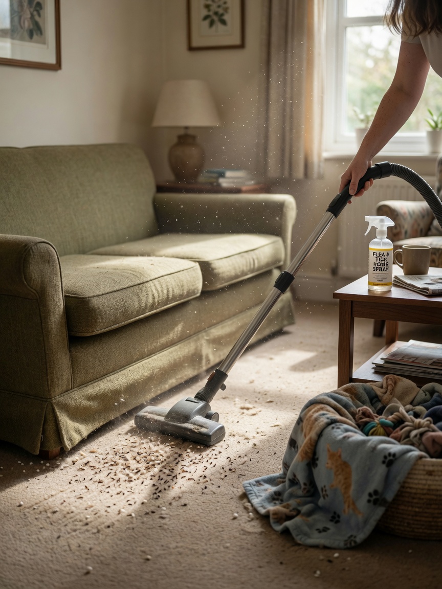 Home environment showing vacuuming and pet bedding preparation for comprehensive flea control